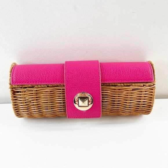 Mud Pie Wicker Rattan Straw Clutch Wallet Pink Brown - Picture 1 of 8